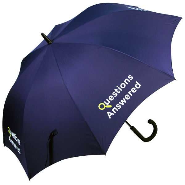 Metro Walking Promotional Umbrella, features automatic opening black 70cms fibreglass ribs with 12mm black fibreglass pole and premium weight polyester canopy. MOQ 25 Corporate Walking Crook Handle Umbrellas.
