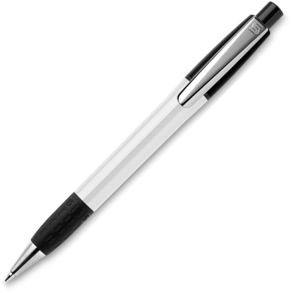 Semyr Grip Color Semyr Grip Push Button Plastic Ballpen. Solid white barrel, brightly coloured top sections, silver clip and nose cone with rubber grip. Black ink.