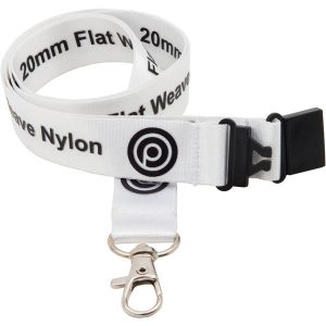 25mm flat weave nylon lanyard (white with black writing)- mck promotions