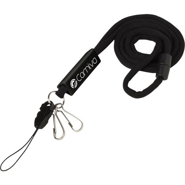 Triange Keycord Functional keycord with a round cord, safety closure, metal key ring, removable phone pendant and 2 metal keycord hooks.