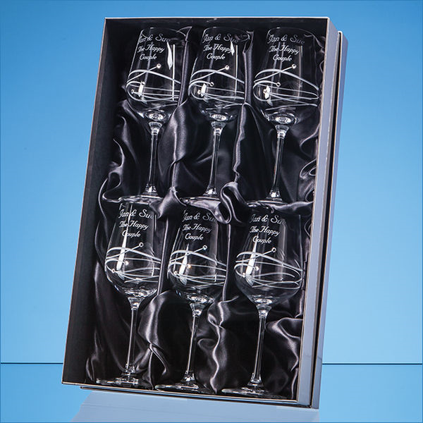 6 diamante wine glasses with essence design cutting in satin gift box- mck promotions