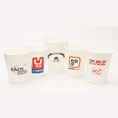 No matter what you need printed paper cups for whether it be cold drinks or hot drinks, We supply a range of branded and bespoke printed single and double wall cups in 4oz, 8oz, 10oz, 12oz, 16oz & 20oz and are available with sip lids and printed cup sleeves All our disposable paper cups are biodegradable, compostable or recyclable helping you do your part for the environment. No Minimum Order Branded with your company logo Custom printed in up to 6 spot colours Fully Recyclable Single and double wall branded paper cups available